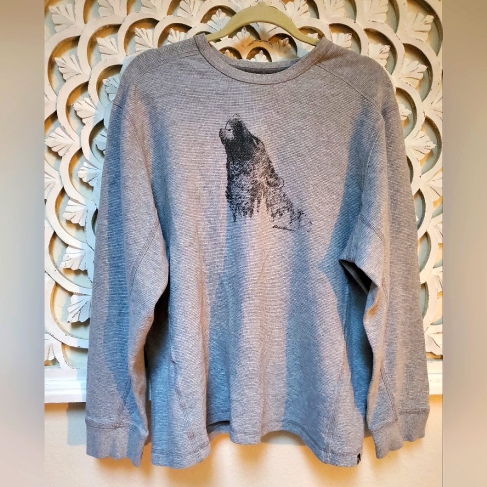 Mens 2X Eddie Bauer Wolf Graphic Thermal Top Heather Gray